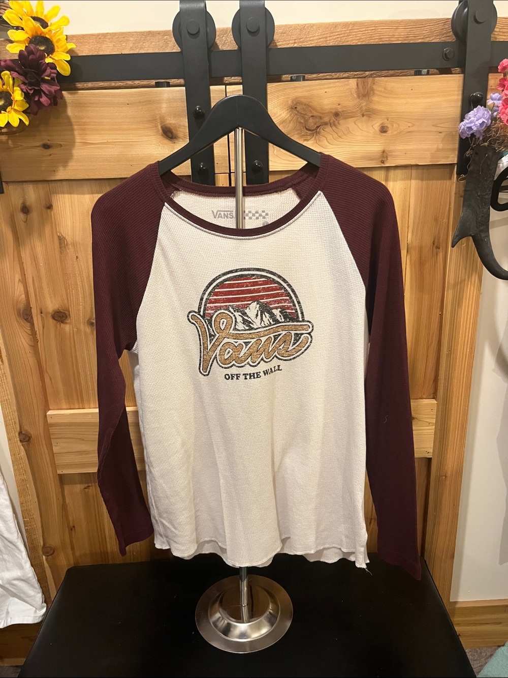 Vans Long Sleeve Raglan Tee - White Body with Burgundy Sleeves